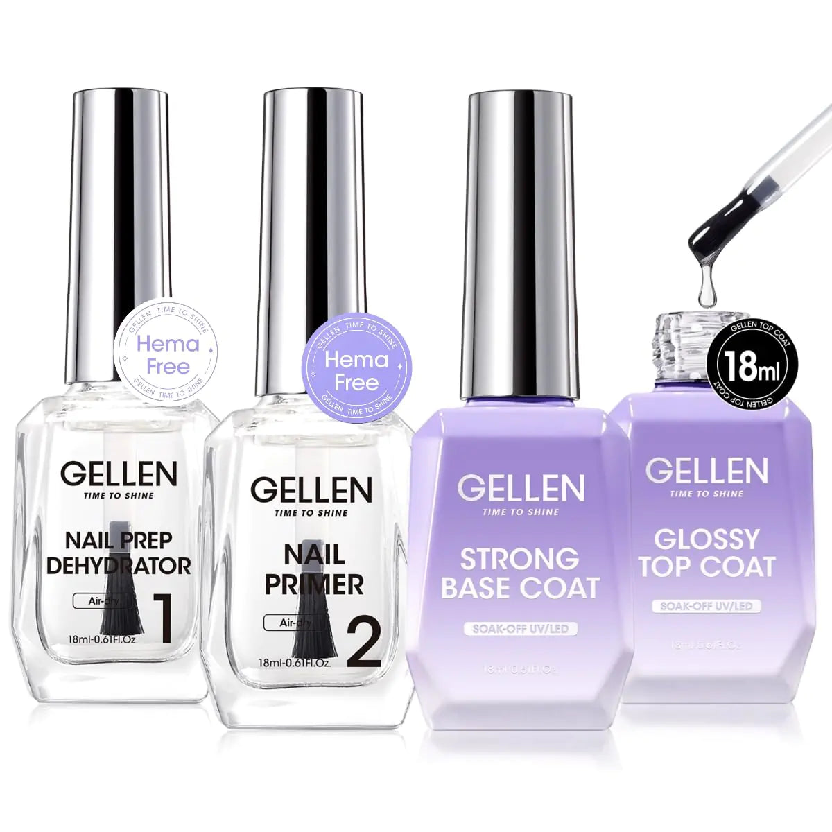 Gellen Nail Dehydrator and Primer with Base Coat Top Coat