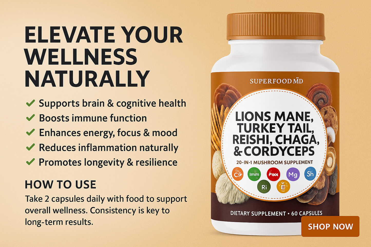 Superfood Mushroom Complex – Lions Mane, Reishi, Turkey Tail, Chaga - 3 Pk