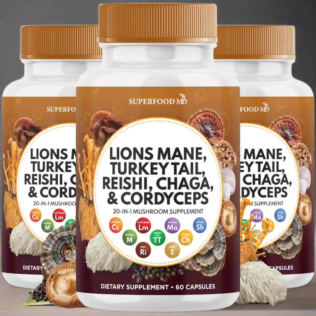 Superfood Mushroom Complex – Lions Mane, Reishi, Turkey Tail, Chaga - 3 Pk