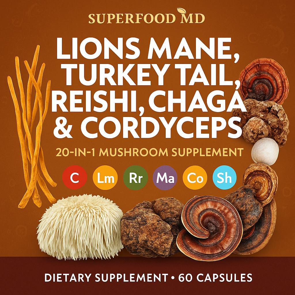 Superfood Mushroom Complex – Lions Mane, Reishi, Turkey Tail, Chaga - 3 Pk