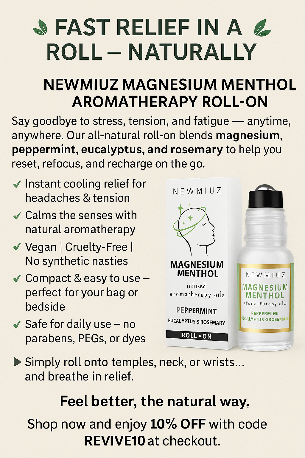 Magnesium Menthol Migraine Roll-On Stick – Fast Natural Headache & Sinus Relief with Peppermint, Eucalyptus & Aromatherapy Oils – Cooling Essential Oil Blend for Stress, Tension & Gifting