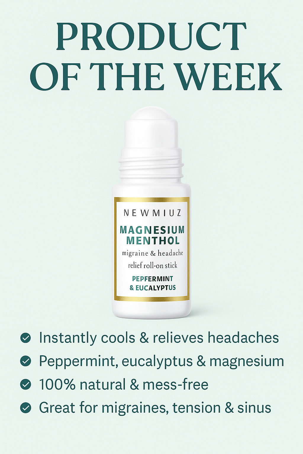 Magnesium Menthol Migraine Roll-On Stick – Fast Natural Headache & Sinus Relief with Peppermint, Eucalyptus & Aromatherapy Oils – Cooling Essential Oil Blend for Stress, Tension & Gifting
