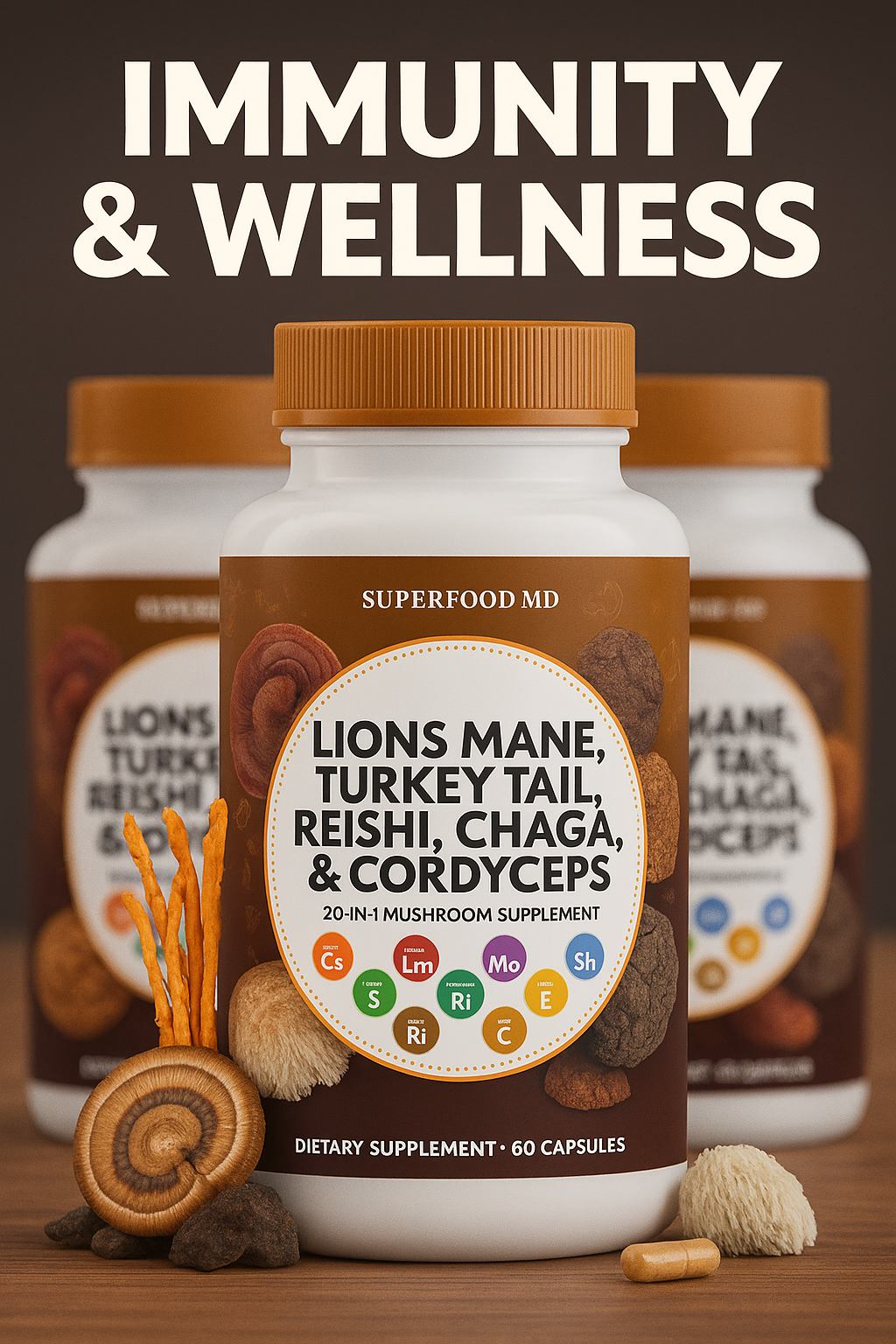 Superfood Mushroom Complex – Lions Mane, Reishi, Turkey Tail, Chaga - 3 Pk