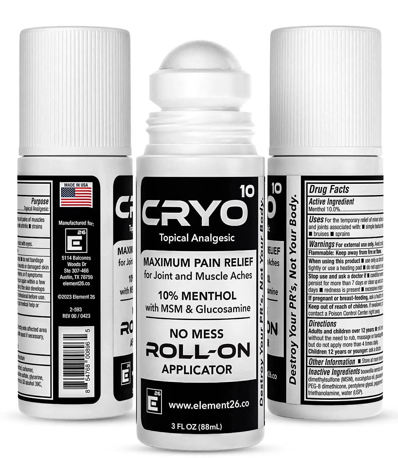 Cryo10 Roll On Pain Relief - Topical Analgesic 3 pk